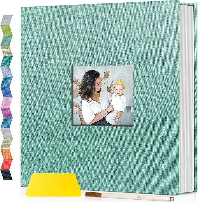 popotop Photo Album Self Adhesive with Picture Display Window,40 Pages DIY Scrapbooking Supplies Kit for 4x6 10x12 Picture,Linen Cover Memory Book for Baby Wedding, with Scraper and Metallic Pen