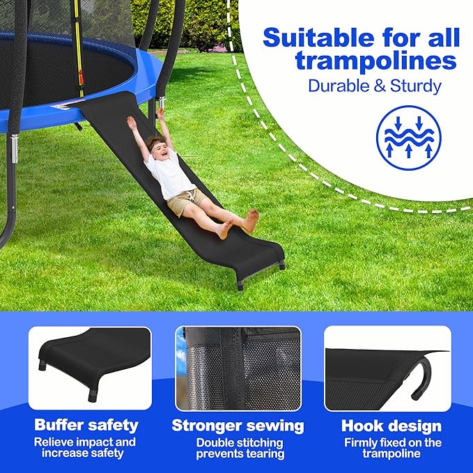Universal Trampoline Slide with Buffer Region, Heavy Duty Steel Trampoline Accessory, for 8 10 12 14 15 16FT Trampoline, Ideal for Children or Kids to Climb up and Slide Down. (Black)