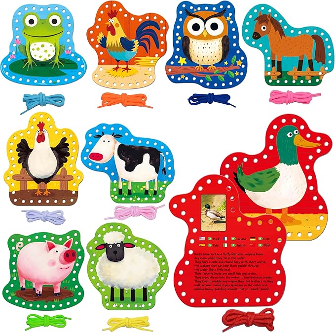 9 PCS Kids Lacing Cards, 9 Double Sided Farm Animals Sewing Cards with 9 Colorful Laces, Educational & Learning Toys for Preschoolers, Kids Ages 3+