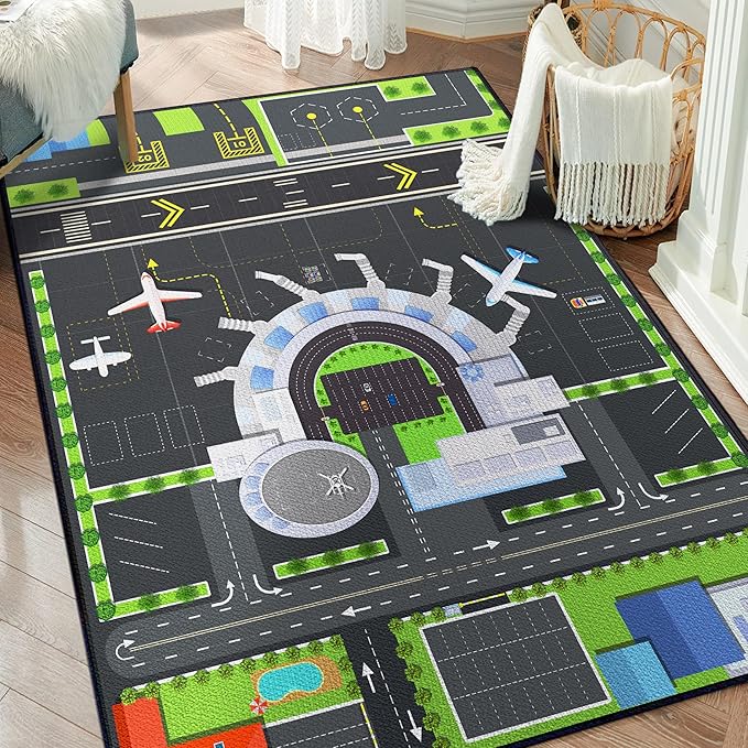 Play Rug for Playroom 59"x39" Airport Carpet for Kids Bedroom with Combined City Road Traffic System Aircraft Runway Playmat Rugs Carpet Non-Slip Washable Area Mat