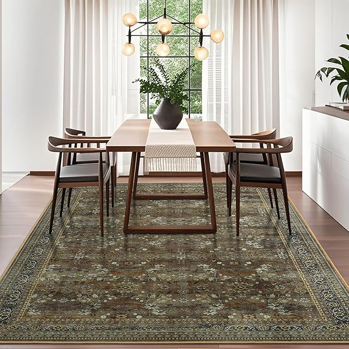 5x7 Machine Washable Area Rug for Living Room Dining Room, Vintage Floral Kitchen Rugs Non Slip, Traditional Indoor Floor Carpet for Bedroom, Farmhouse, Office Classroom Brown/Yellow