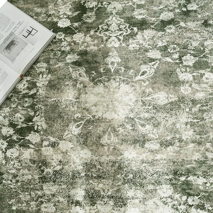 jinchan Round Rug 4ft Area Rug - Green Vintage Floor Mat Kitchen Indoor - Washable Circle 4' Thin Floral Print Carpet Retro Farmhouse Non Slip Dining Room Living Room Bedroom Office