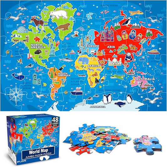Jumbo Floor Puzzle for Kids,World Map Jigsaw Geography Puzzles,48 Piece Globe Atlas Puzzle with Continents,United States Puzzle for Ages 3-5,Preschool Learning Toys Gift for 4-8 Years Old