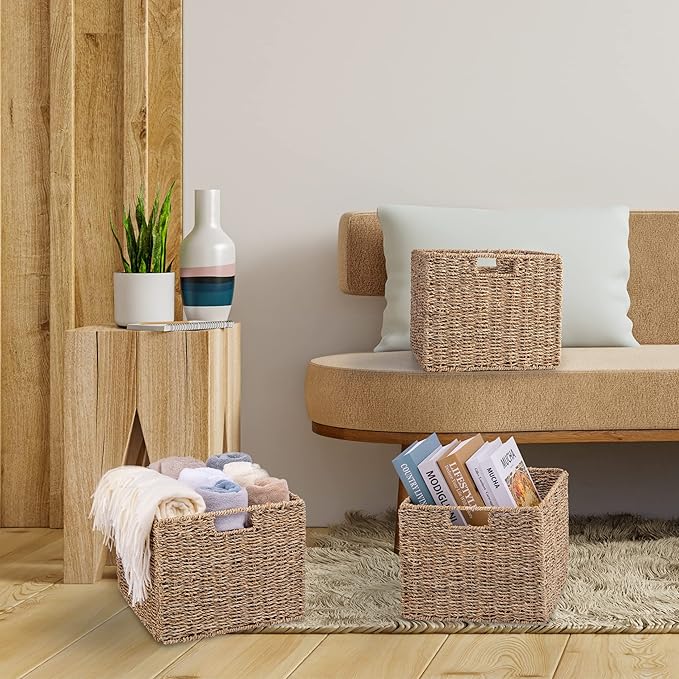 12x12x10in Seagrass Storage Baskets Set of 4, Large Wicker Storage Basket, Decorative Seagrass Shelf Basket, Pantry Baskets Organization,Folding Storage Cube Bins