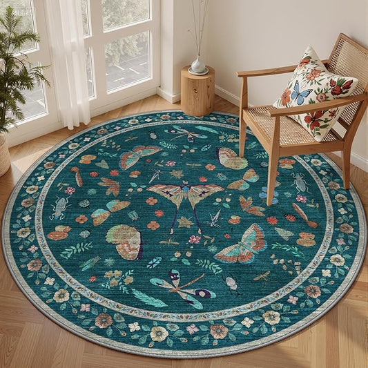 6ft Washable Round Rug - Bug Rugs for Living Room Non-Slip Low Pile Soft Ultra-Thin Machine Washable Circle Carpet for Bedroom, Entryway, Nursery, Kitchen, Home Office (6' Round Teal)