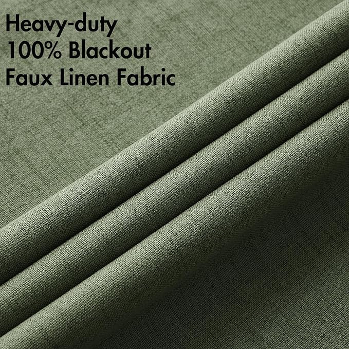 MIULEE 100% Blackout Linen Textured Curtains for Bedroom Solid Thermal Insulated Olive Green Grommet Room Darkening Curtains & Drapes Luxury Decor for Living Room Nursery 52 x 45 Inch (2 Panels)