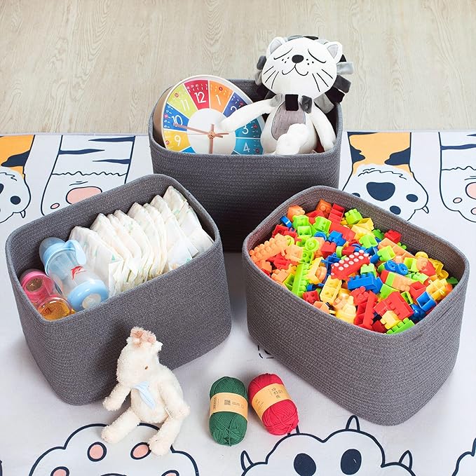 MINTWOOD Design 3-Pack Decorative Woven Storage Baskets for Shelves, Cube Bin Box for Organizing Books, Shoes, Dog Toys, Pantry Closet and Living Room Organizer, Charcoal Gray