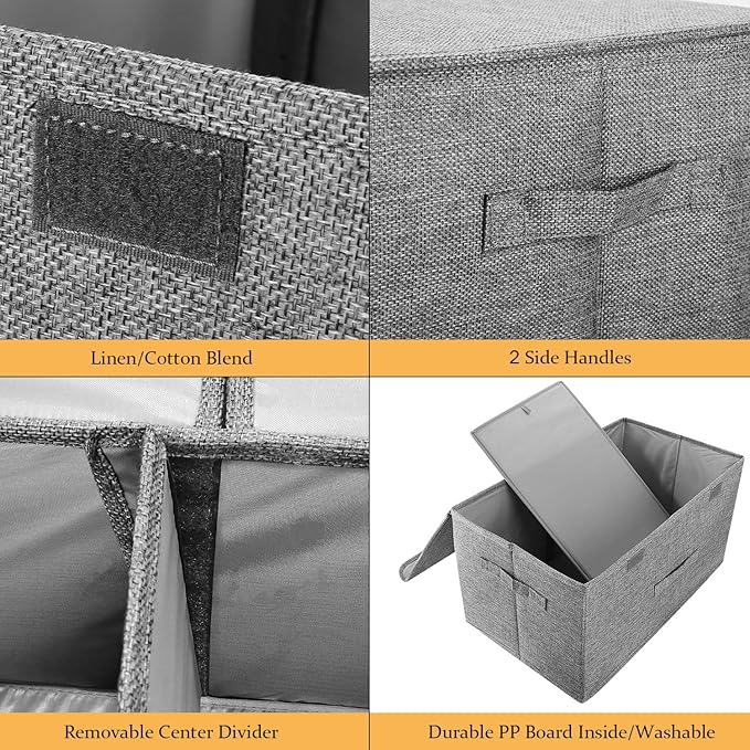 2 Pack Storage Boxes with Lids and Handles, Collapsible Linen Storage Bins Organizer Containers Baskets Cube with Removable Divider for Home Bedroom Closet Office (Pink, Large)