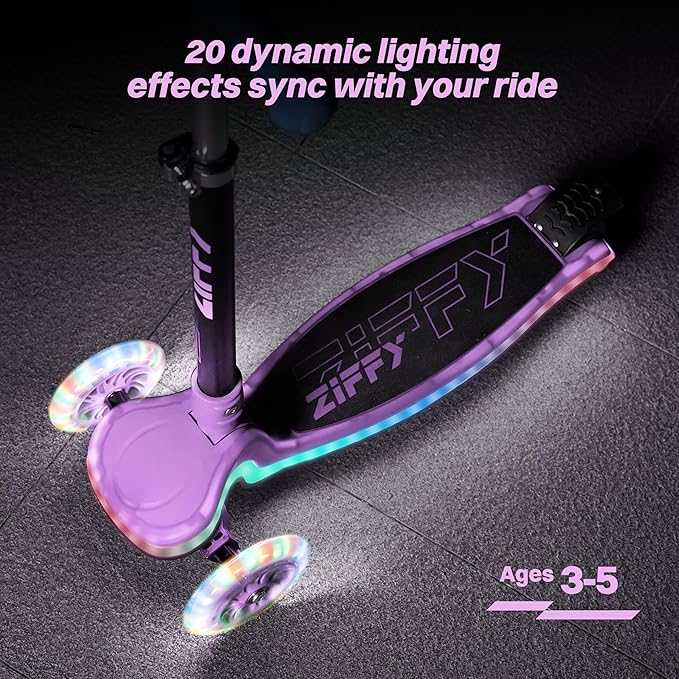 ZIFFY 3-Wheel Light-Up Kids Scooter, Kids Balance Scooter for Boys Girls with 20 Dynamic LED Lights, 4 Adjustable Height, Lean-to-Steer Design with Anti-Slip Wide Surface for Stability - Up to 110LBS