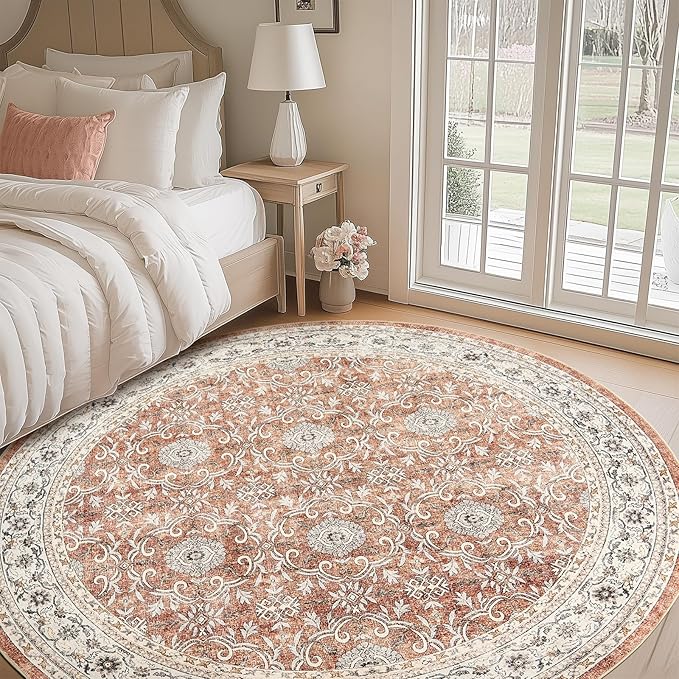 jinchan Round Rug 7ft Washable Circle Soft Rug - Low Pile Vintage 7'Round Indoor Orange Floral Print Stain Resistant Boho Carpet Ultra-Thin Non-Slip for Living Room Bedroom Dining Room Kitchen