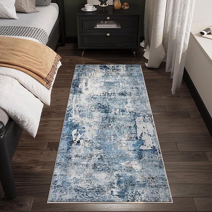 Runner Rug 2'6''x8' Hallway Washable Boho Soft Area Rug Abstract Pattern Non-Slip Faux Wool Vintage for Kitchen, Entryway, Laundry, Bedroom, Blue