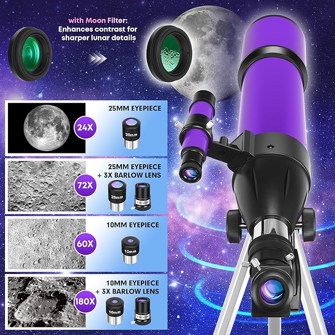 Telescope, Telescope for Adults & Kids & Astronomy Beginners, 80mm Aperture 600mm Portable Refractor Telescopes Fully Multi-Coated Optics with AZ Mount Tripod, Phone Adapter and Moon Filter
