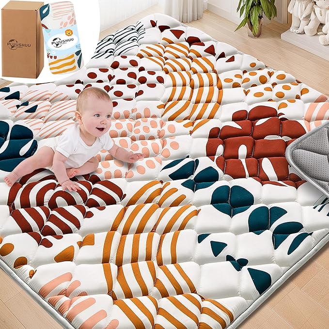 Baby Play Mats for Floor, 59x59 Playpen Mat for Babies, Extra Thicker & Soft Floor Crawling Mat, Foldable Non-Slip Playmat Cushioned for Infants Toddlers, Boho Leaf Design