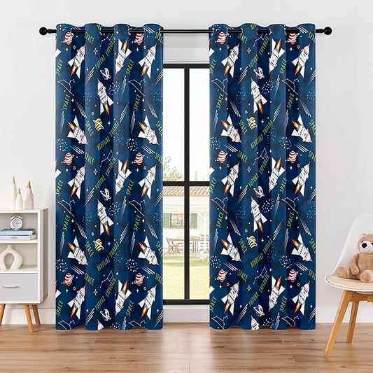 Kids Space Rocket Blackout Curtains - 100% Blackout, Thermal Insulated, Noise Reducing, Perfect for Kids Room and Nursery, 2 Panels (Future Explorer Rockets, W52×L84)