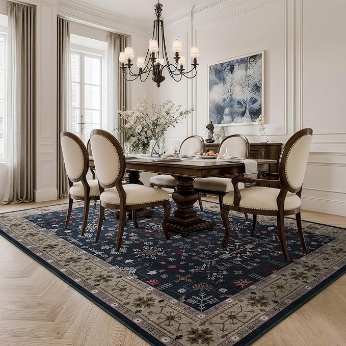 6x9 Washable Blue Area Rug for Living Room Bedroom, Boho Dining Room Rugs for Under Table, Large Low Pile Non-Slip Vintage Print Carpets for Farmhouse, Office, Dorm