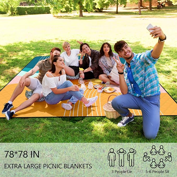 Picnic Blankets Waterproof Foldable, Extra Large 79"x79" Beach Blanket Waterproof Sandproof, 3-Layer Polyester Foldable Portable Outdoor Mat for Park, Camping, Travel, Grass Lawn- Afterglow Rainbow
