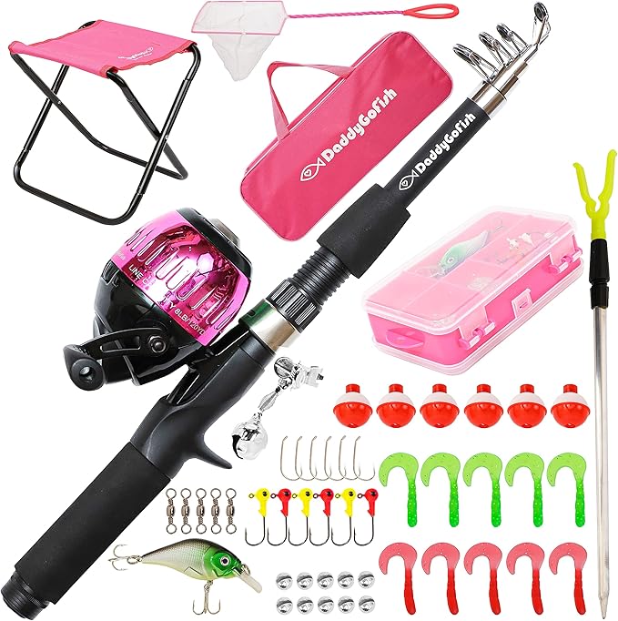 DaddyGoFish Kids Fishing Pole - Rod Reel Combo Tackle Box Starter Set - First Year Small Dock Gear Kit for Boys Girls Toddler Youth Age Beginner Little Children Junior Anglers Older Kids