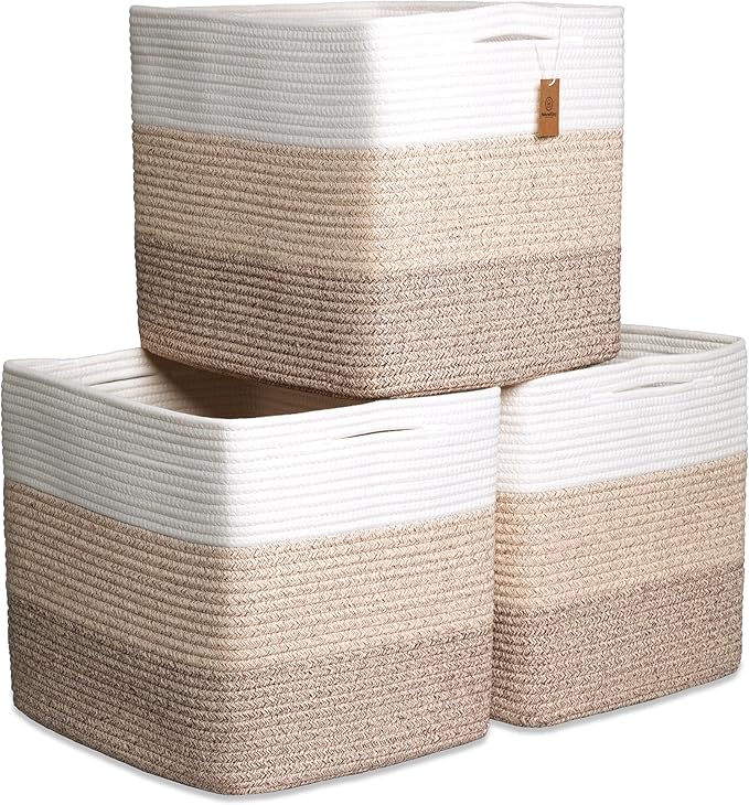 NaturalCozy 13x15x13 Kallax Storage Cubes Bins, 3 Pack | Cotton Rope Cube Storage Bin Woven Baskets for Organizing | Kallax Insert Storage Baskets for Shelves Organizer, Kids Toy, Closet Baby Nursery