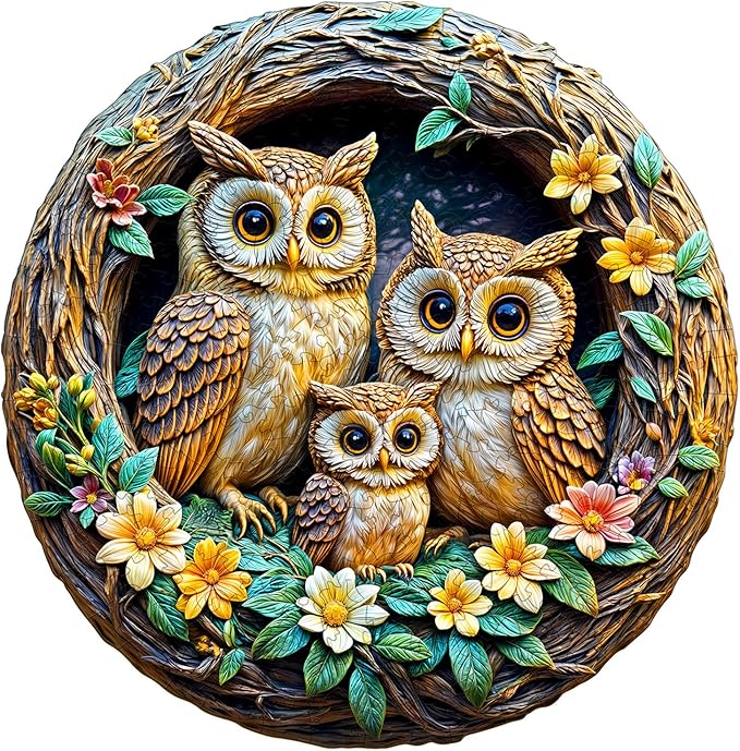 Wooden Puzzles for Adults - 3D Vision Effects Owl Family Wooden Jigsaw Puzzle - Unique Animal Shaped Wood Puzzles Adult - Creative Birthday Gift Family Game (100pcs)
