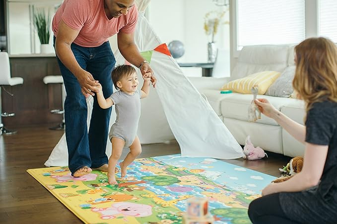 Baby Care Play Mat (Large, Playful - Pinko & Friend) 82'' x 55'' Original One-Piece Reversible Rollable Waterproof Play Mat for Infants, Babies, Toddler, and Kids