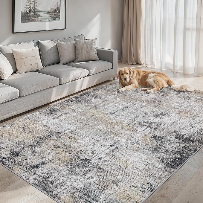 Area Rugs Living Room Rug - 4x6 Washable Modern Abstract Soft Neutral Non-Slip Carpet Large Indoor Floor Thin Carpets for Bedroom Dining Room Farmhouse Nursery Home Office Brown Black Grey