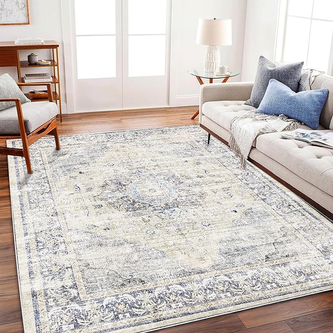 Area Rug 5'x7' Washable Rug Floral Blue Vintage Traditional Floor Cover Thin Retro Kitchen Indoor Distressed Non Slip Carpet for Living Room Bedroom Dining Room