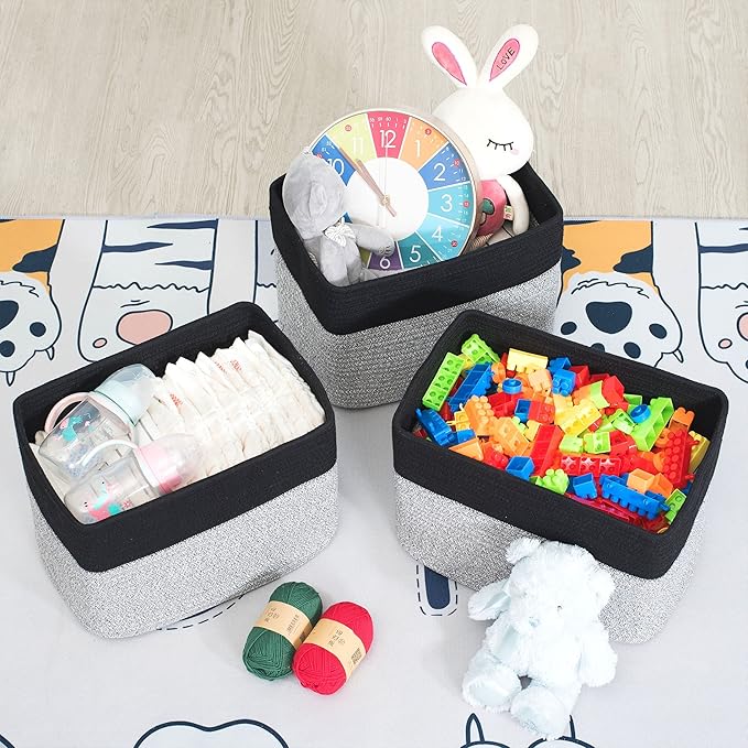 MINTWOOD Design 3-Pack Storage Baskets for Shelves, Playroom Classroom Storage Basket, Book Basket, Decorative Storage Cube Bins, Woven Closet Organizers, Pantry and Shoe Organizer, Black Light Grey