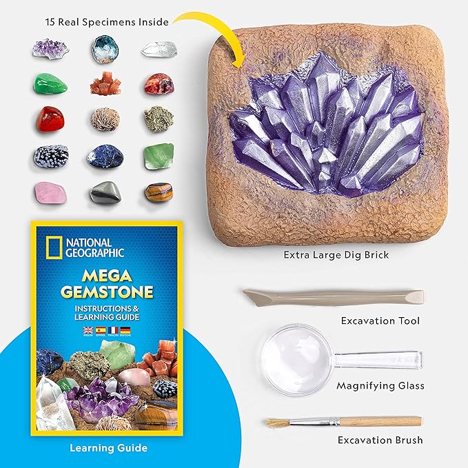 NATIONAL GEOGRAPHIC Mega Gemstone Dig Kit – Dig Up 15 Real Gemstones and Crystals, Science Kit for Kids, Gem Digging Kit, Gift for Girls and Boys, Mining Kit, Rock Collection