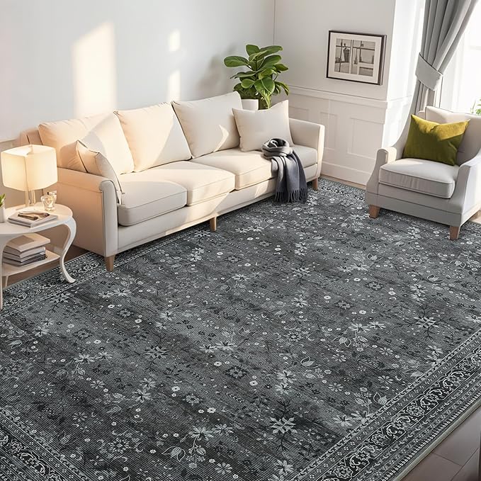 Large 8x10 Washable Area Rug for Living Room, No Shedding Vintage Floral Rugs Non Slip, Indoor Thin Retro Accent Carpet for High Traffic Areas Bedroom Farmhouse Dining Room Black/Gray