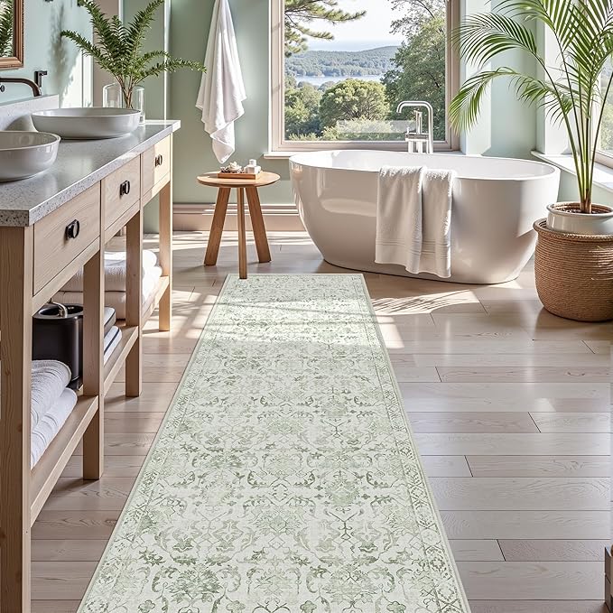 Sage 3x12 Runner Rug for Hallways Bed Side Kitchen, Boho Washable Distressed Low-Pile Floor Entryway Long Bathroom Mat, Non-Slip Laundry Room Washstand Front Carpet 36x144 Inch