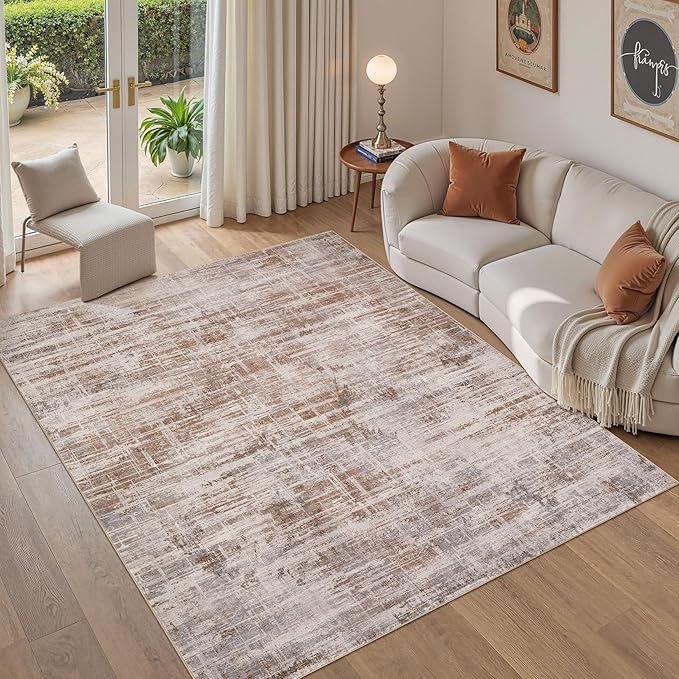 Area Rug for Living Room: 6x9 Washable Neutral Abstract Modern Soft Rugs Non Slip Indoor Floor Stain Resistant Large Carpet for Bedroom Dining Room Office Nursery - Red Brown
