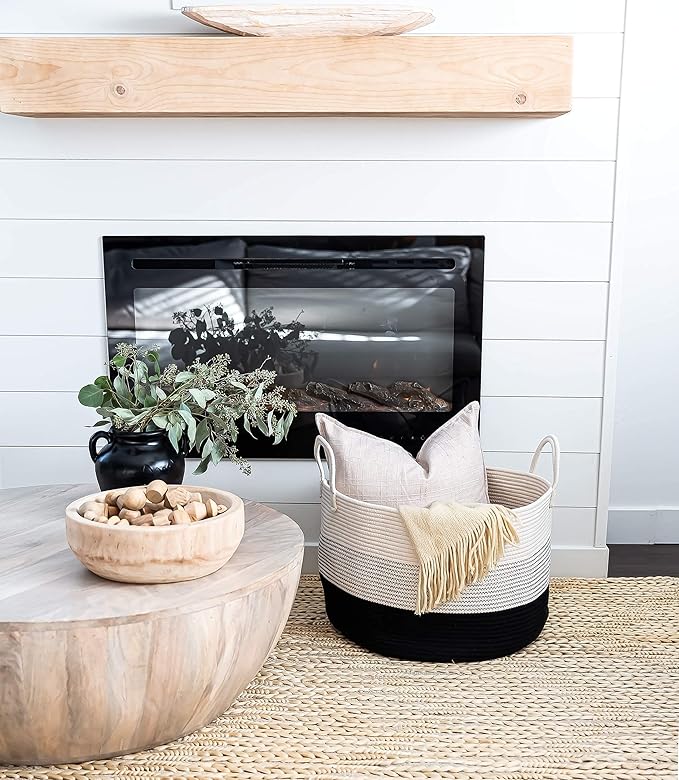 OrganiHaus Woven Laundry Basket, Large Cotton Rope Blanket Holder with Handles, Soft & Sturdy Nursery Hamper, Decorative Toy Bin for Living Room Organization 20x13 inches - Off-White/Black