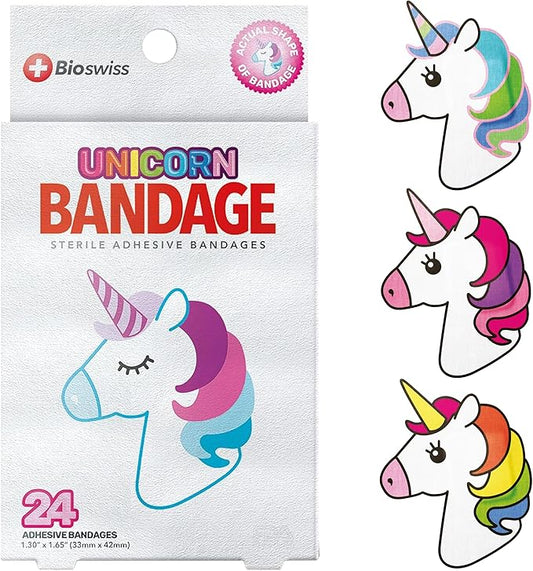 BioSwiss Bandages, Unicorn Shaped Self Adhesive Bandage, Latex Free Sterile Wound Care, Fun First Aid Kit Supplies for Kids, 24 Count