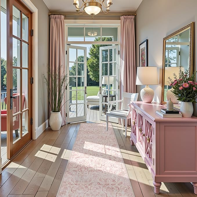 Pink 3x10 Runner Rug for Hallways Bed Side Kitchen, Boho Washable Distressed Low-Pile Floor Entryway Long Bathroom Mat, Non-Slip Laundry Room Washstand Front Carpet Green 36x84 Inch