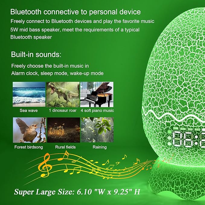 Unique Dragon Egg Digital Clock Ok to Wake Up Alarm Clock with Night Light / Lullaby White Noise / Bluetooth Speaker, Remote Control 16 Colors & Brightness & Volume, Cool Dragon Gift for Kids/Adult