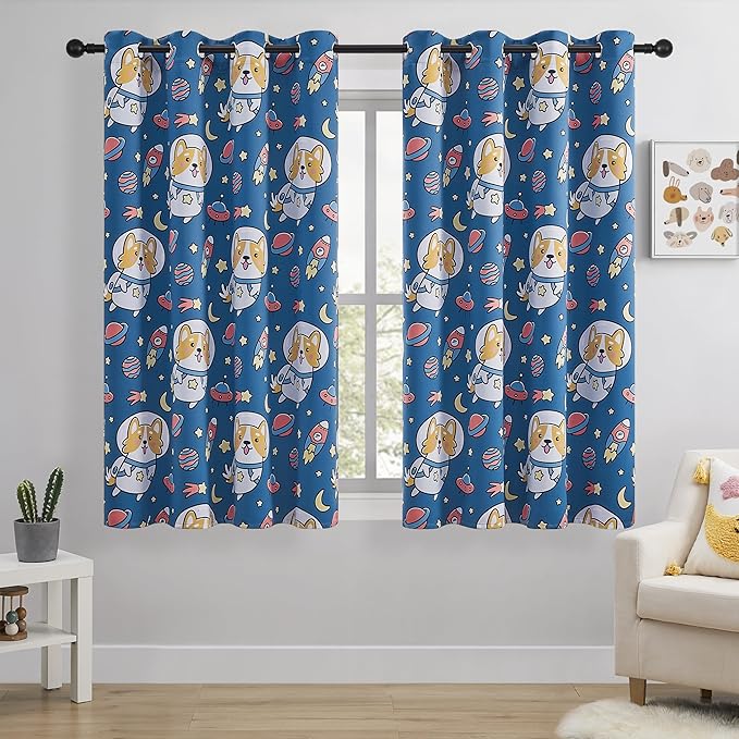 Kids Blackout Curtains - Space Dog Design, 100% Blackout, 2 Panels, Each W52×63, Thermal Insulated, Noise Reducing & Energy Efficient for Kids Bedroom, Turn your child’s room into a fun adventure