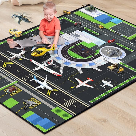 Play Rug for Playroom 3x4 Airport Carpet for Boys Bedroom with Combined City Road Traffic System Aircraft Runway Playmat Rugs Carpet Non-Slip Washable Area Mat