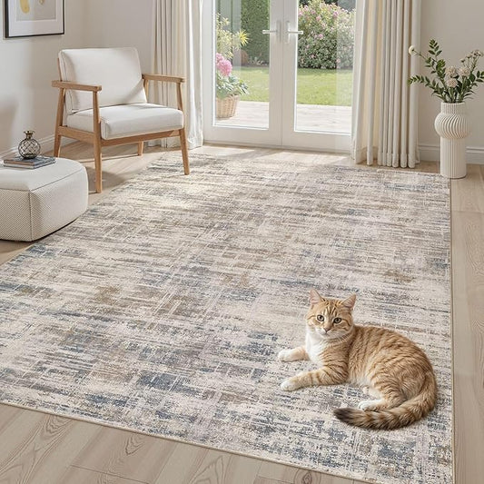 Area Rug for Living Room: 4x6 Washable Neutral Abstract Modern Soft Rugs Non Slip Indoor Floor Stain Resistant Carpet for Bedroom Dining Room Office Nursery - Brown