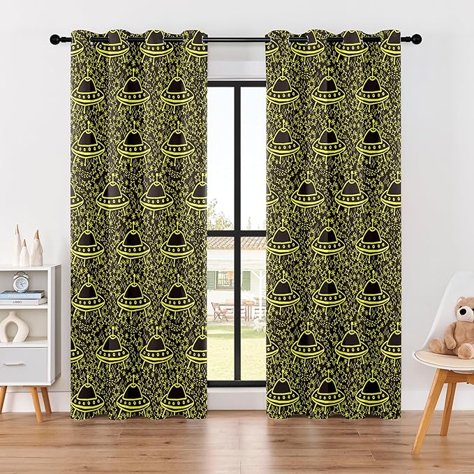 Kids Space Blackout Curtains - 100% Blackout, Thermal Insulated, Noise Reducing, UFO Design, Perfect for Kids Room and Nersury, 2 Panels (Neon UFO Night, W52×L84)