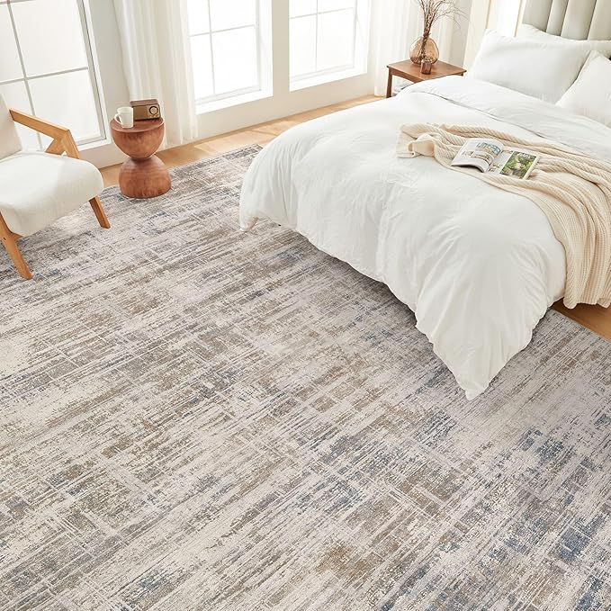 Area Rug for Living Room: 10x12 Washable Neutral Abstract Modern Soft Rugs Non Slip Indoor Floor Stain Resistant Large Carpet for Bedroom Dining Room Office Nursery - Brown