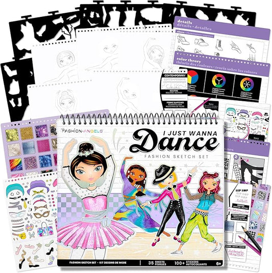 Fashion Angels I Just Wanna Dance Fashion Sketch Set, Create Dance-Themed Outfits with 35 Sketch Pages, 100+ Stickers & Stencils, Fun Craft Kit for Kids