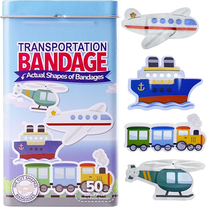 BioSwiss Bandages, Transportation Shaped Self Adhesive Bandage, Latex Free Sterile Wound Care, Fun First Aid Kit Supplies for Kids, 50 Count