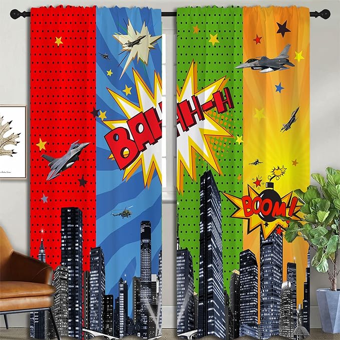 Superhero Rod Pocket Blackout Curtains for Boy Girl Bedroom, City War Explosion Comics Art Home Energy Efficient Light Filtering Window Curtain for Living Room, 84x84 inch