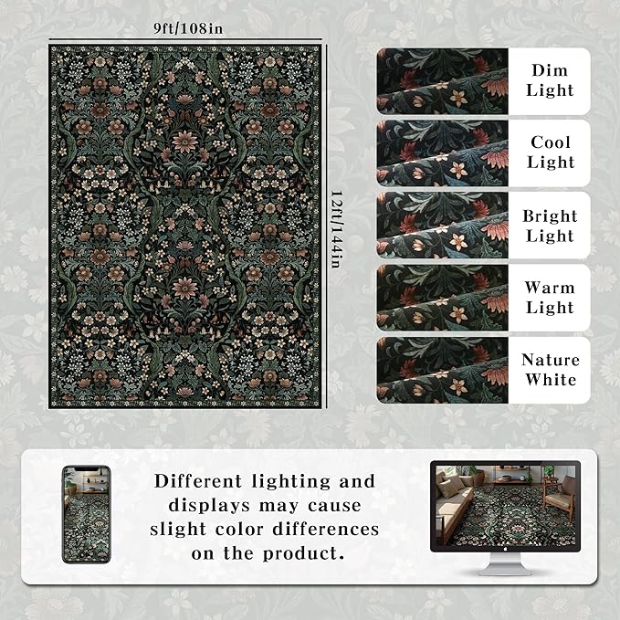 9x12 Black Vintage Floral Area Rug,Washable Large Boho Living Room Rugs,Botanical Print Non-Slip Stain Resistant Lightweight Carpet for Bedroom Dining Room Nursery