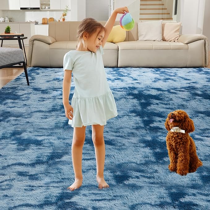 Ultra Soft Rug for Living Room, 9X12 Fluffy Shag Area Rug for Bedroom, Modern Shaggy Carpets Fuzzy Rug for Teens Dorm Nursery Home Decor Aesthetic, Upgrade Anti-Skid Durable, Tie-Dyed Blue Grey