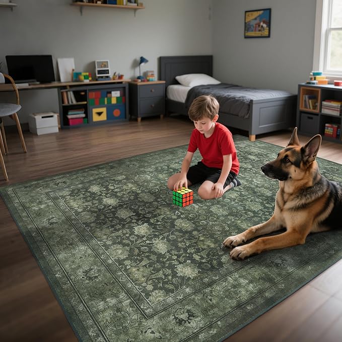 Large 8x10 Washable Area Rug for Living Room, Non Slip Vintage Traditional Rugs for Bedroom, Indoor Thin Accent Floral Nursery Carpet for Dining Room, Farmhouse (Distressed Green)