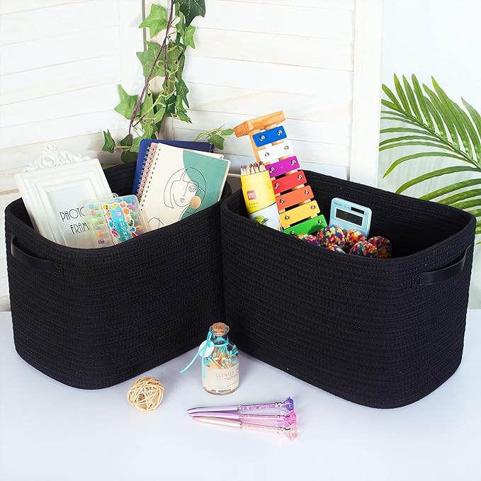 MINTWOOD Design 3-Pack Storage Baskets for Shelves, Decorative Baskets for Organizing, Woven Baskets for Storage, Book Basket Cube Bin Box, Pantry Closet, Shoe Organizer, Black / Black