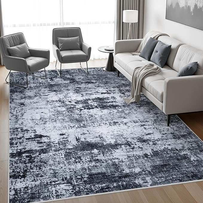 9x12 Area Rug Living Room Rug: Washable Modern Abstract Soft Thin Rug Indoor Floor No Slip Stain Resistant Carpet for Bedroom Dining Room Farmhouse Nursery Home Office - Black