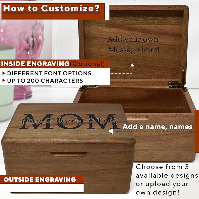 Mom Gifts from Daughters - Custom Wooden Box, Personalized Mothers Day Gift Ideas for Mom, Acacia Wood Keepsake Chest for Memories, Memorabilia Box with Hinged Lid, Bday Gift Customized, 8x6x4 in