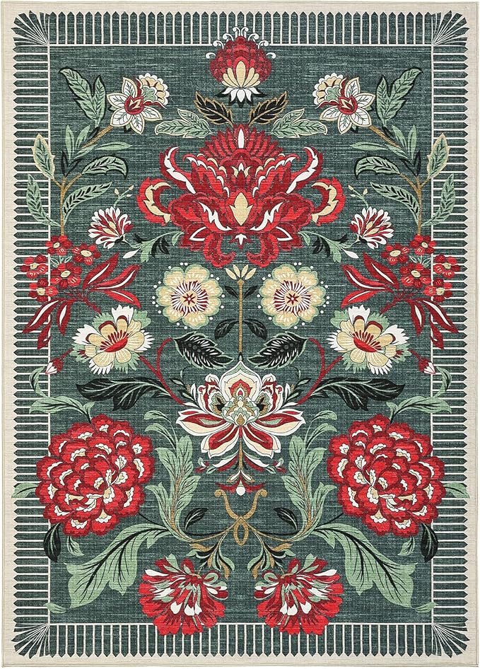 GarveeHome Floral Botanical Washable 8x10 Area Rug for Living Room Soft Grey Green Vintage Boho Cottage Large Rugs Low Pile Carpet for Bedroom Dining Nursery Rug